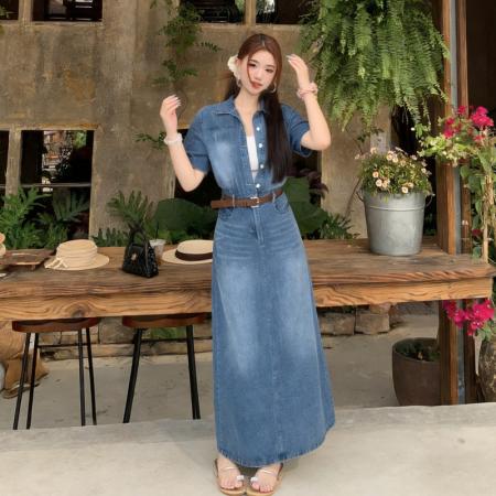 大码港风复古翻领牛仔连衣裙女夏季新款收腰显瘦气质a字长裙 服裝批發女裝批發服飾貨源