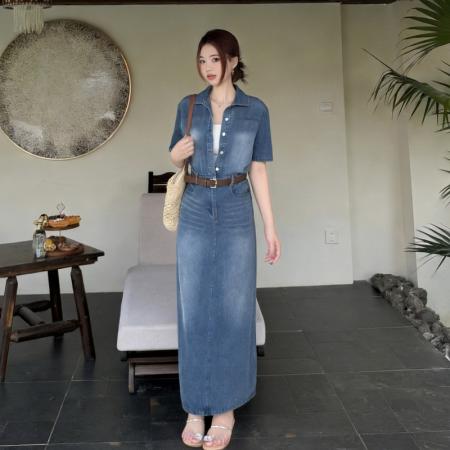 大码港风复古翻领牛仔连衣裙女夏季新款收腰显瘦气质a字长裙 服裝批發女裝批發服飾貨源