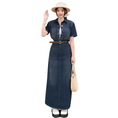 大码港风复古翻领牛仔连衣裙女夏季新款收腰显瘦气质a字长裙 服裝批發女裝批發服飾貨源