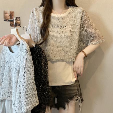 大码胖MM新款设计感拼接网织镂空罩衫短袖遮肉显瘦上衣 服裝批發女裝批發服飾貨源