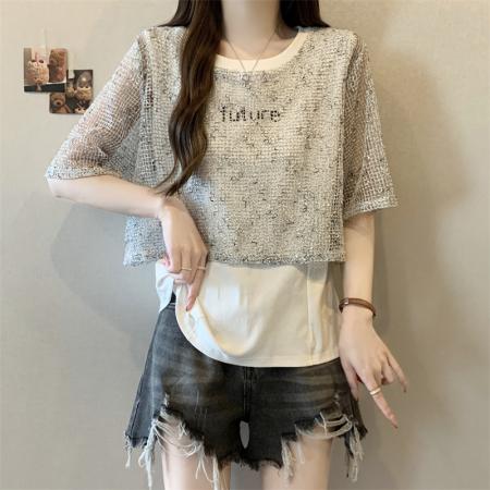 大码胖MM新款设计感拼接网织镂空罩衫短袖遮肉显瘦上衣 服裝批發女裝批發服飾貨源