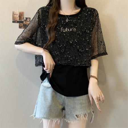 大码胖MM新款设计感拼接网织镂空罩衫短袖遮肉显瘦上衣 服裝批發女裝批發服飾貨源
