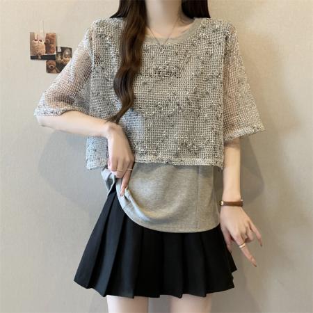 大码胖MM新款设计感拼接网织镂空罩衫短袖遮肉显瘦上衣 服裝批發女裝批發服飾貨源