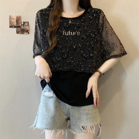 大码胖MM新款设计感拼接网织镂空罩衫短袖遮肉显瘦上衣 服裝批發女裝批發服飾貨源