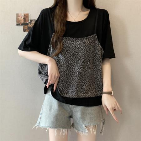 大码胖MM新款设计感小香格拼接假两件上衣遮肉显瘦T恤 服裝批發女裝批發服飾貨源