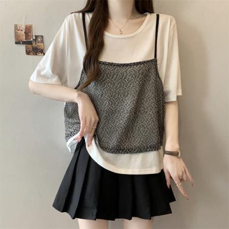 大码胖MM新款设计感小香格拼接假两件上衣遮肉显瘦T恤 服裝批發女裝批發服飾貨源