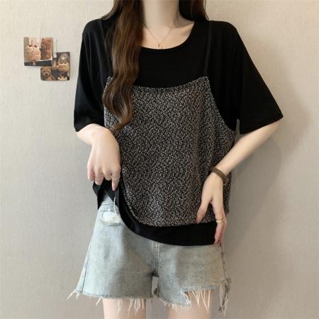 大码胖MM新款设计感小香格拼接假两件上衣遮肉显瘦T恤 服裝批發女裝批發服飾貨源