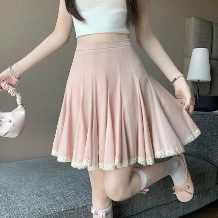 BY17470# 夏季时尚百搭荷叶领一字肩上衣百褶蕾丝拼接半裙短裙女 服裝批發女裝批發服飾貨源