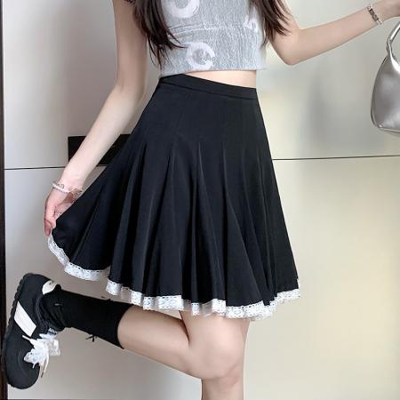 BY17470# 夏季时尚百搭荷叶领一字肩上衣百褶蕾丝拼接半裙短裙女 服裝批發女裝批發服飾貨源