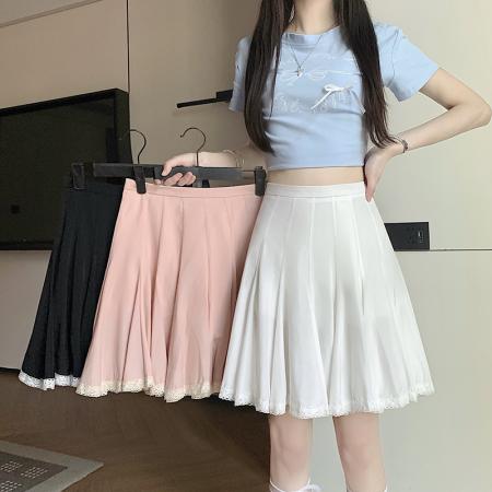 BY17470# 夏季时尚百搭荷叶领一字肩上衣百褶蕾丝拼接半裙短裙女 服裝批發女裝批發服飾貨源