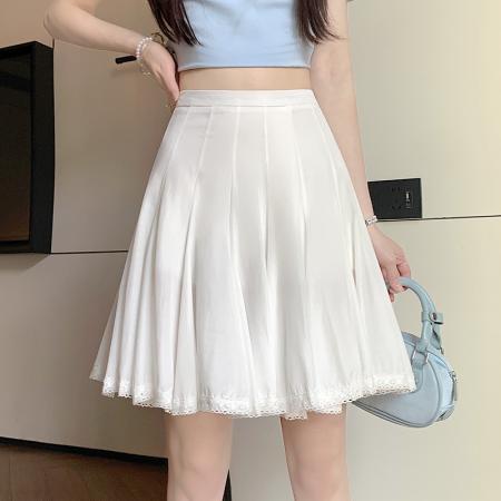 BY17470# 夏季时尚百搭荷叶领一字肩上衣百褶蕾丝拼接半裙短裙女 服裝批發女裝批發服飾貨源