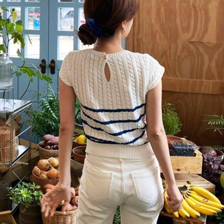 t八奶新品夏季短袖针织衫气质通勤修身条纹上衣女 服裝批發女裝批發服飾貨源