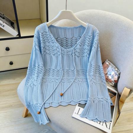 春夏新款连帽镂空针织衫女慵懒风薄款防晒外搭上衣 服裝批發女裝批發服飾貨源