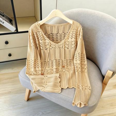 春夏新款连帽镂空针织衫女慵懒风薄款防晒外搭上衣 服裝批發女裝批發服飾貨源