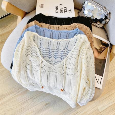 春夏新款连帽镂空针织衫女慵懒风薄款防晒外搭上衣 服裝批發女裝批發服飾貨源