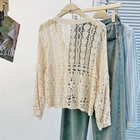 春夏刚需米白镂空V领针织开衫，空调房/防晒都能打，巨显瘦 服裝批發女裝批發服飾貨源