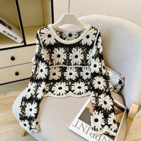 撞色设计感钩花镂空罩衫女韩系甜酷风叠穿外搭长袖针织衫 服裝批發女裝批發服飾貨源