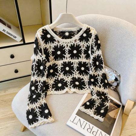 撞色设计感钩花镂空罩衫女韩系甜酷风叠穿外搭长袖针织衫 服裝批發女裝批發服飾貨源