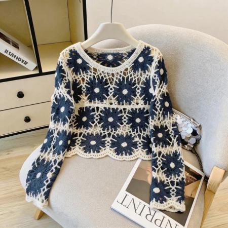 撞色设计感钩花镂空罩衫女韩系甜酷风叠穿外搭长袖针织衫 服裝批發女裝批發服飾貨源