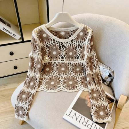 撞色设计感钩花镂空罩衫女韩系甜酷风叠穿外搭长袖针织衫 服裝批發女裝批發服飾貨源