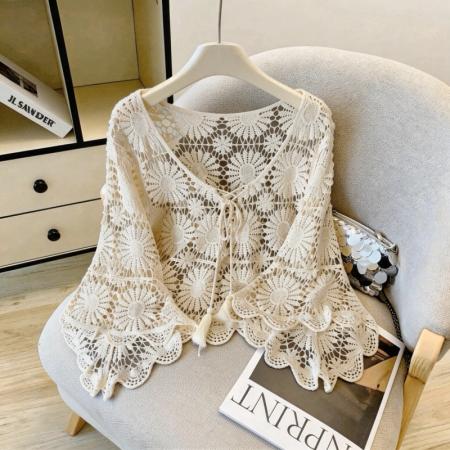 复古镂空钩花防晒罩衫女夏款度假风宽松V领针织衫 服裝批發女裝批發服飾貨源