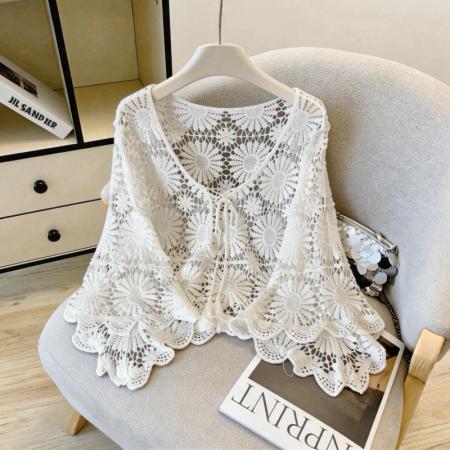 复古镂空钩花防晒罩衫女夏款度假风宽松V领针织衫 服裝批發女裝批發服飾貨源