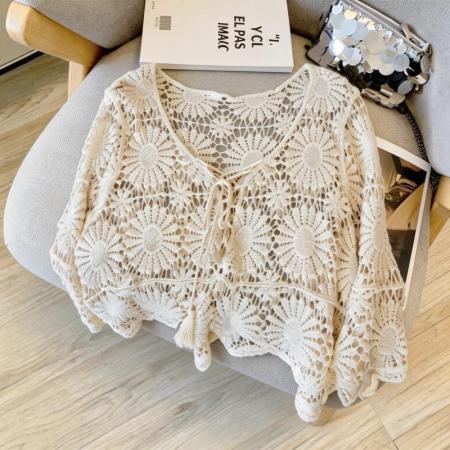 复古镂空钩花防晒罩衫女夏款度假风宽松V领针织衫 服裝批發女裝批發服飾貨源