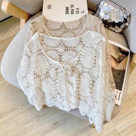 复古镂空钩花防晒罩衫女夏款度假风宽松V领针织衫 服裝批發女裝批發服飾貨源