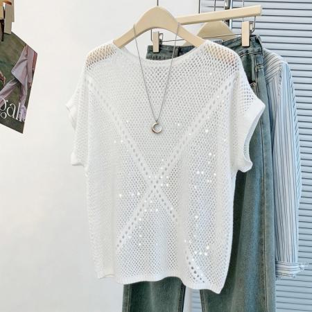 韩系松弛感蓝色亮片镂空针织衫女夏季薄款圆领蝙蝠袖罩衫外搭 服裝批發女裝批發服飾貨源