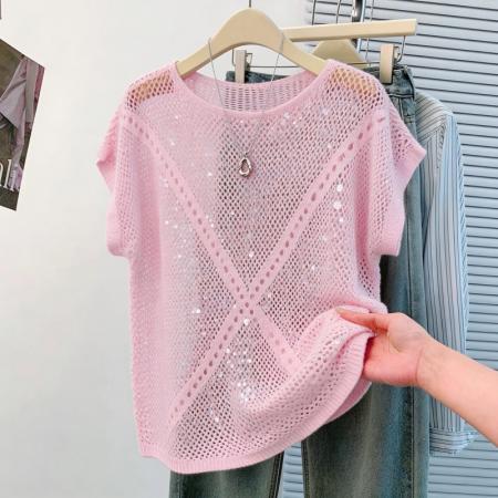 韩系松弛感蓝色亮片镂空针织衫女夏季薄款圆领蝙蝠袖罩衫外搭 服裝批發女裝批發服飾貨源