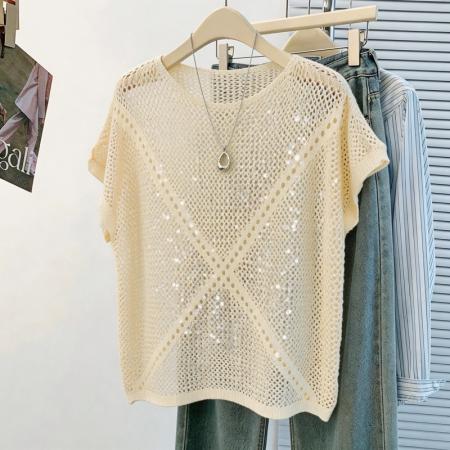 韩系松弛感蓝色亮片镂空针织衫女夏季薄款圆领蝙蝠袖罩衫外搭 服裝批發女裝批發服飾貨源