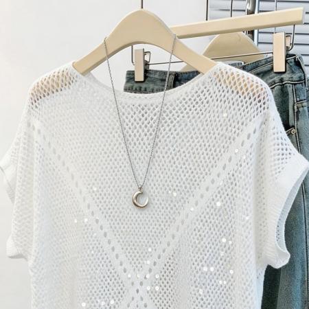 韩系松弛感蓝色亮片镂空针织衫女夏季薄款圆领蝙蝠袖罩衫外搭 服裝批發女裝批發服飾貨源
