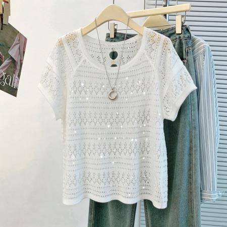 韩系松弛感白色亮片镂空针织衫女夏季薄款圆领蝙蝠袖罩衫外搭 服裝批發女裝批發服飾貨源