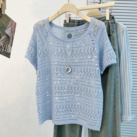韩系松弛感白色亮片镂空针织衫女夏季薄款圆领蝙蝠袖罩衫外搭 服裝批發女裝批發服飾貨源