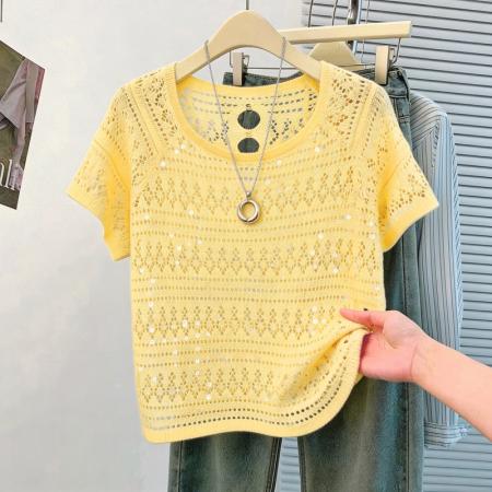 韩系松弛感白色亮片镂空针织衫女夏季薄款圆领蝙蝠袖罩衫外搭 服裝批發女裝批發服飾貨源