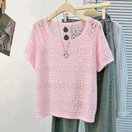 韩系松弛感白色亮片镂空针织衫女夏季薄款圆领蝙蝠袖罩衫外搭 服裝批發女裝批發服飾貨源