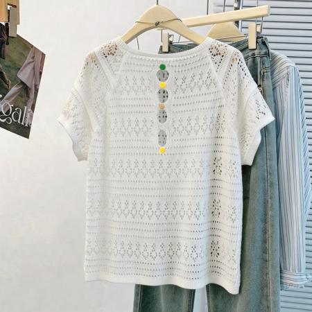 韩系松弛感白色亮片镂空针织衫女夏季薄款圆领蝙蝠袖罩衫外搭 服裝批發女裝批發服飾貨源