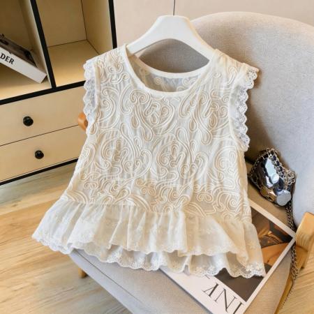 镂空蕾丝背心女外穿夏设计感小众荷叶边遮肚减龄小衫 服裝批發女裝批發服飾貨源