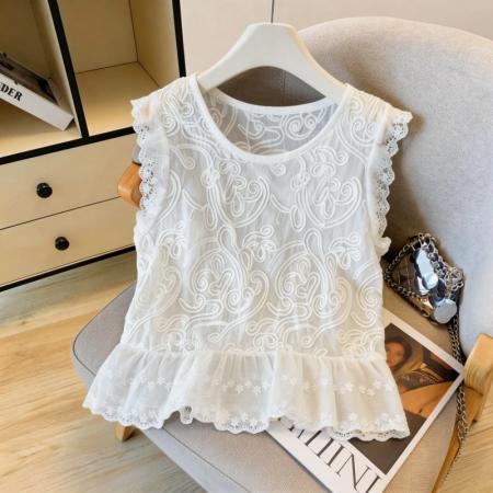 BY17484# 镂空蕾丝背心女外穿夏设计感小众荷叶边遮肚减龄小衫 服裝批發女裝批發服飾貨源