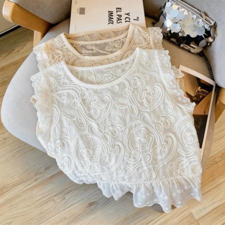 BY17484# 镂空蕾丝背心女外穿夏设计感小众荷叶边遮肚减龄小衫 服裝批發女裝批發服飾貨源