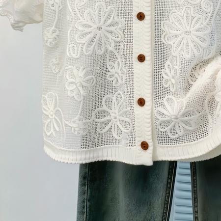 气质名媛风白色蕾丝绣花短袖女夏V领单排扣镂空雪纺开衫外搭 服裝批發女裝批發服飾貨源