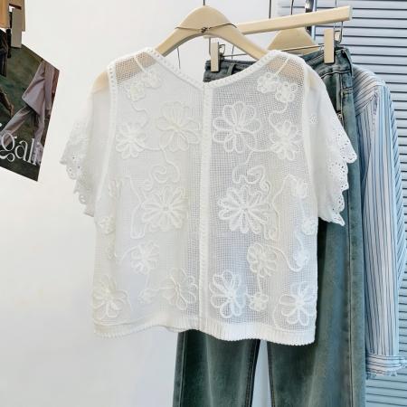 气质名媛风白色蕾丝绣花短袖女夏V领单排扣镂空雪纺开衫外搭 服裝批發女裝批發服飾貨源