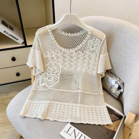 小清新圆领钩花镂空针织衫女夏荷叶边短袖宽松透气上衣 服裝批發女裝批發服飾貨源
