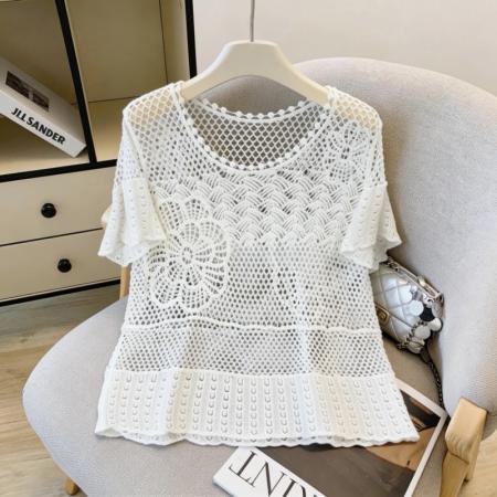 小清新圆领钩花镂空针织衫女夏荷叶边短袖宽松透气上衣 服裝批發女裝批發服飾貨源