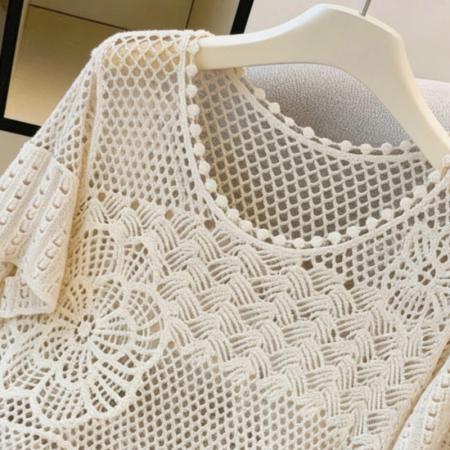 小清新圆领钩花镂空针织衫女夏荷叶边短袖宽松透气上衣 服裝批發女裝批發服飾貨源