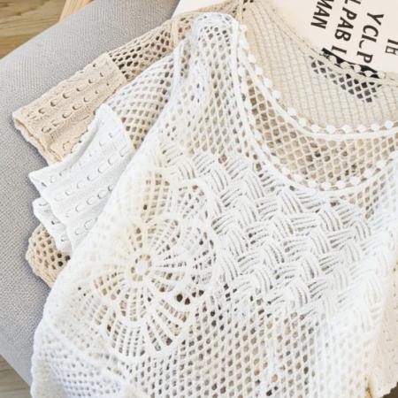 小清新圆领钩花镂空针织衫女夏荷叶边短袖宽松透气上衣 服裝批發女裝批發服飾貨源