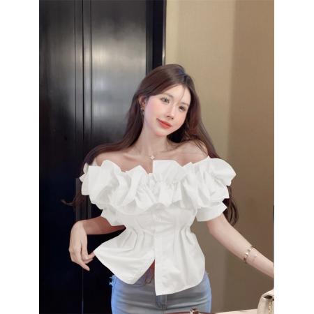 小众荷叶边性感一字肩锁骨小心机设计感收腰洋气上衣 服裝批發女裝批發服飾貨源