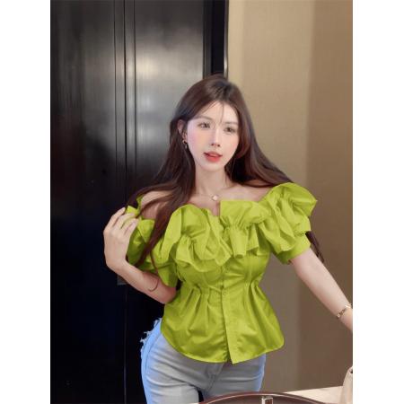 小众荷叶边性感一字肩锁骨小心机设计感收腰洋气上衣 服裝批發女裝批發服飾貨源