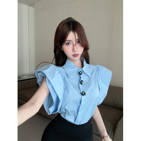 法式气质设计感喇叭泡泡袖花朵单排扣翻领高级感衬衫 服裝批發女裝批發服飾貨源