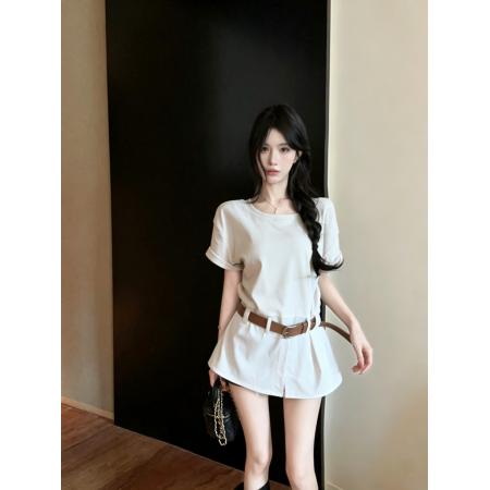 BY17492# 小众设计感辣妹减龄宽松开叉拼接衬衫短袖别致百搭T恤 服裝批發女裝批發服飾貨源